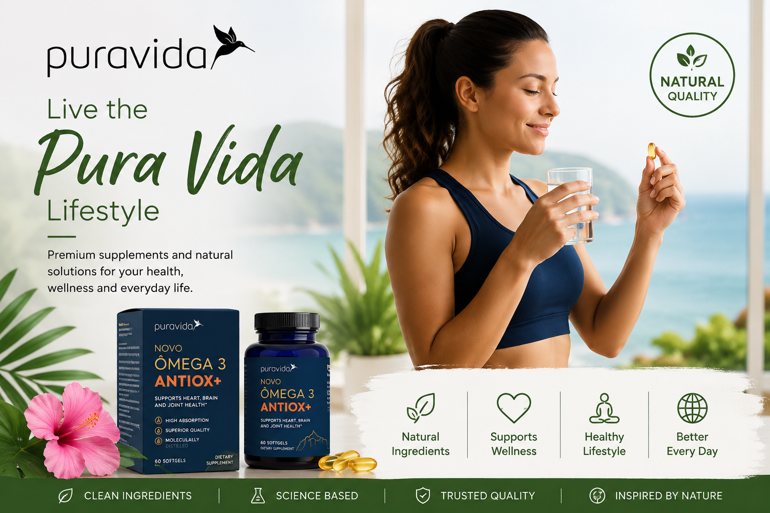 Woman taking a wellness supplement from PuraVida while promoting a healthy lifestyle and natural nutrition products