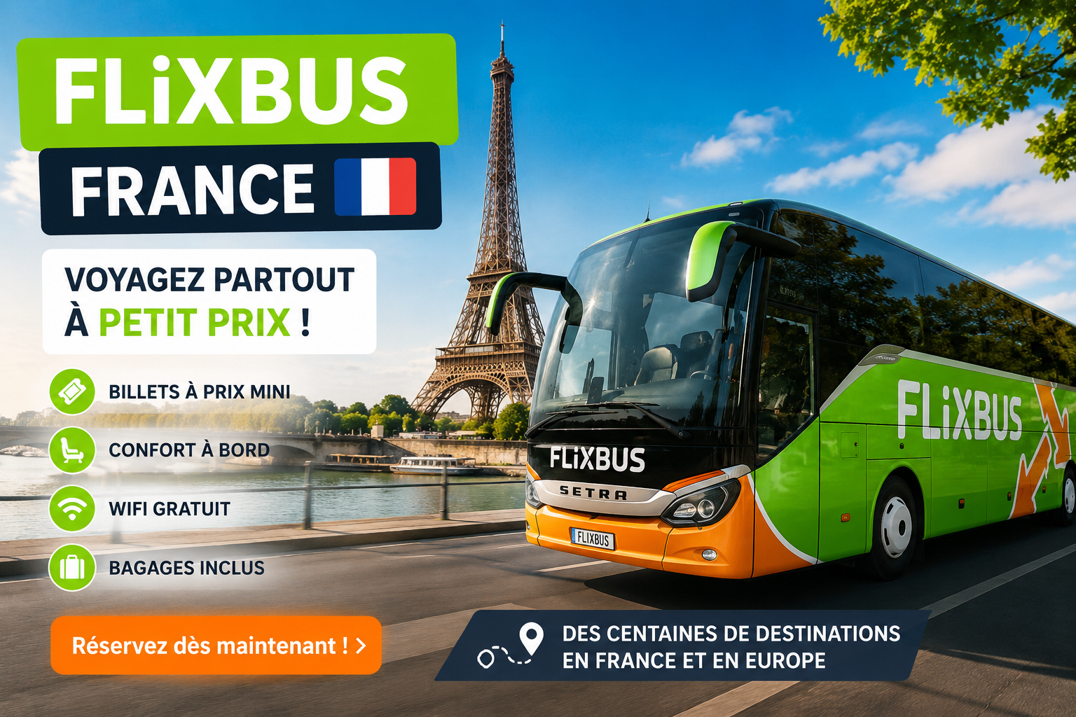 FlixBus France bus traveling near the Eiffel Tower in Paris promoting affordable travel across France and Europe