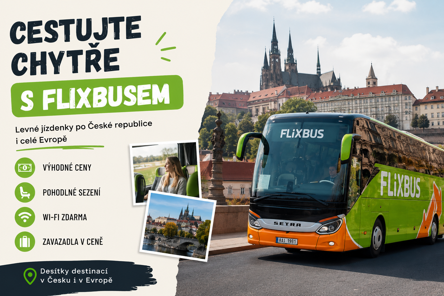 Autobus FlixBus projíždějící Prahou s Pražským hradem v pozadí, propagace levného cestování po České republice a Evropě