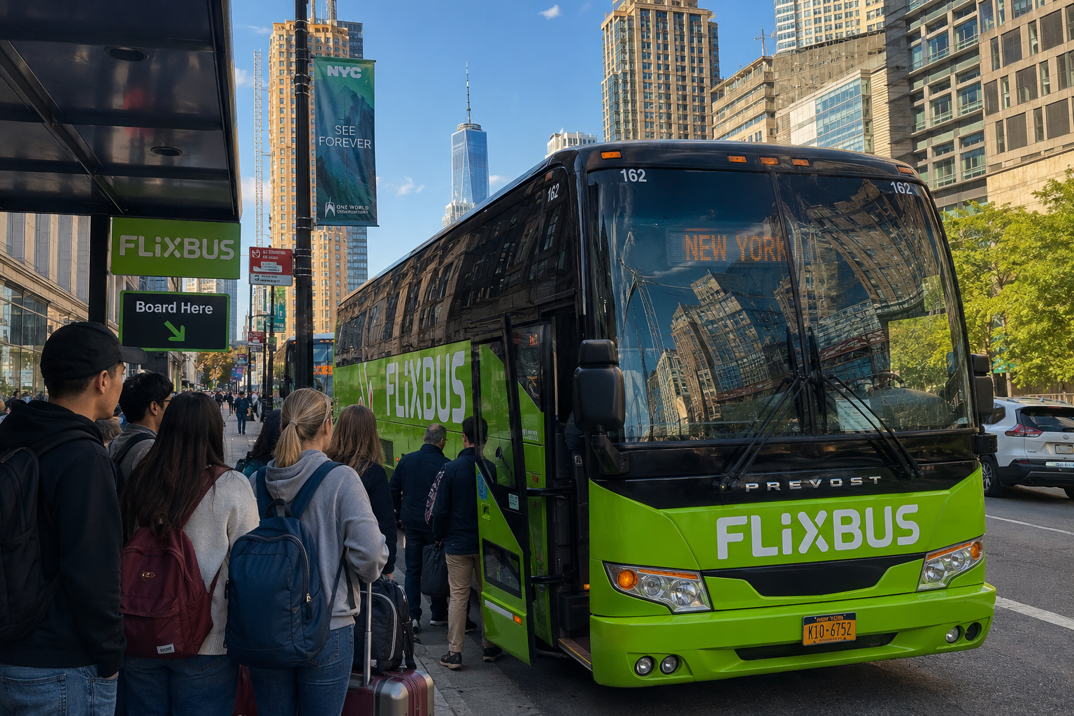 Passengers boarding a FlixBus in New York City with luggage, showing affordable intercity travel options across the United States.