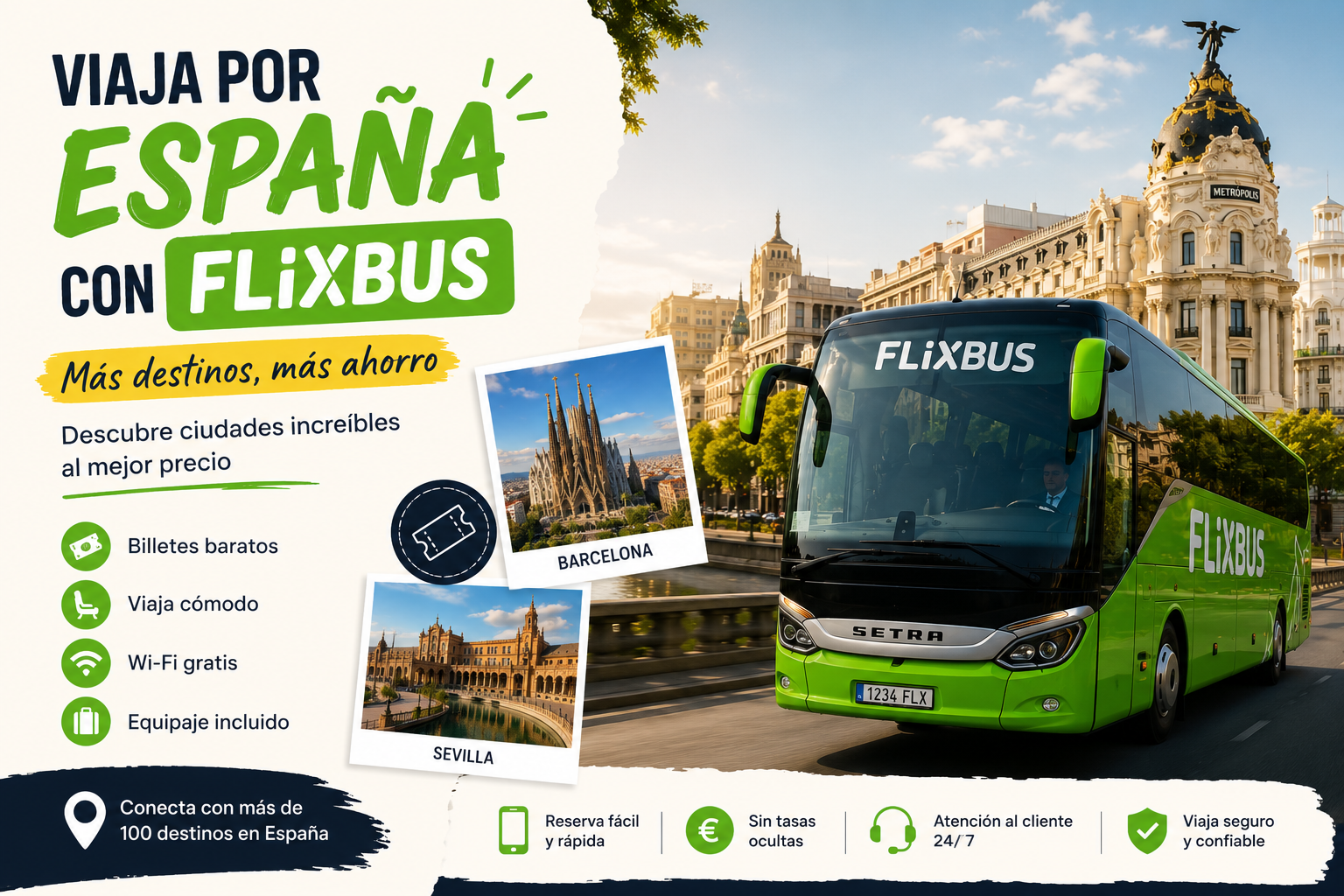 Autobús FlixBus recorriendo una avenida de Madrid con imágenes destacadas de Barcelona y Sevilla, promoviendo viajes económicos por España.
