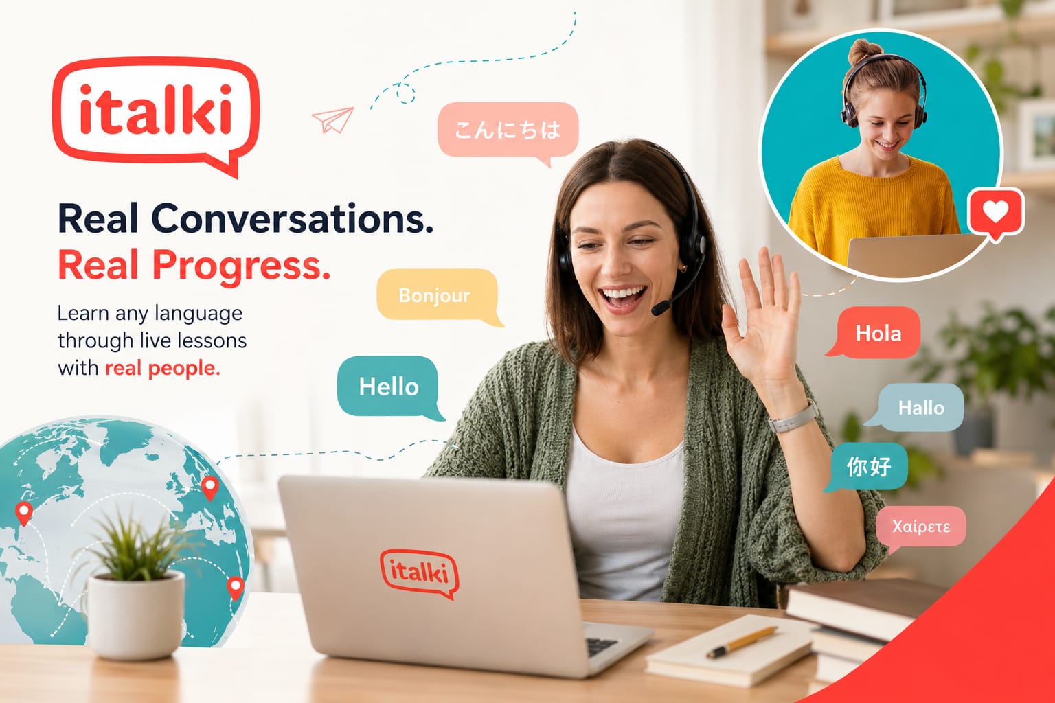 Woman learning languages online through live video lessons on italki with teachers and native speakers from around the world.